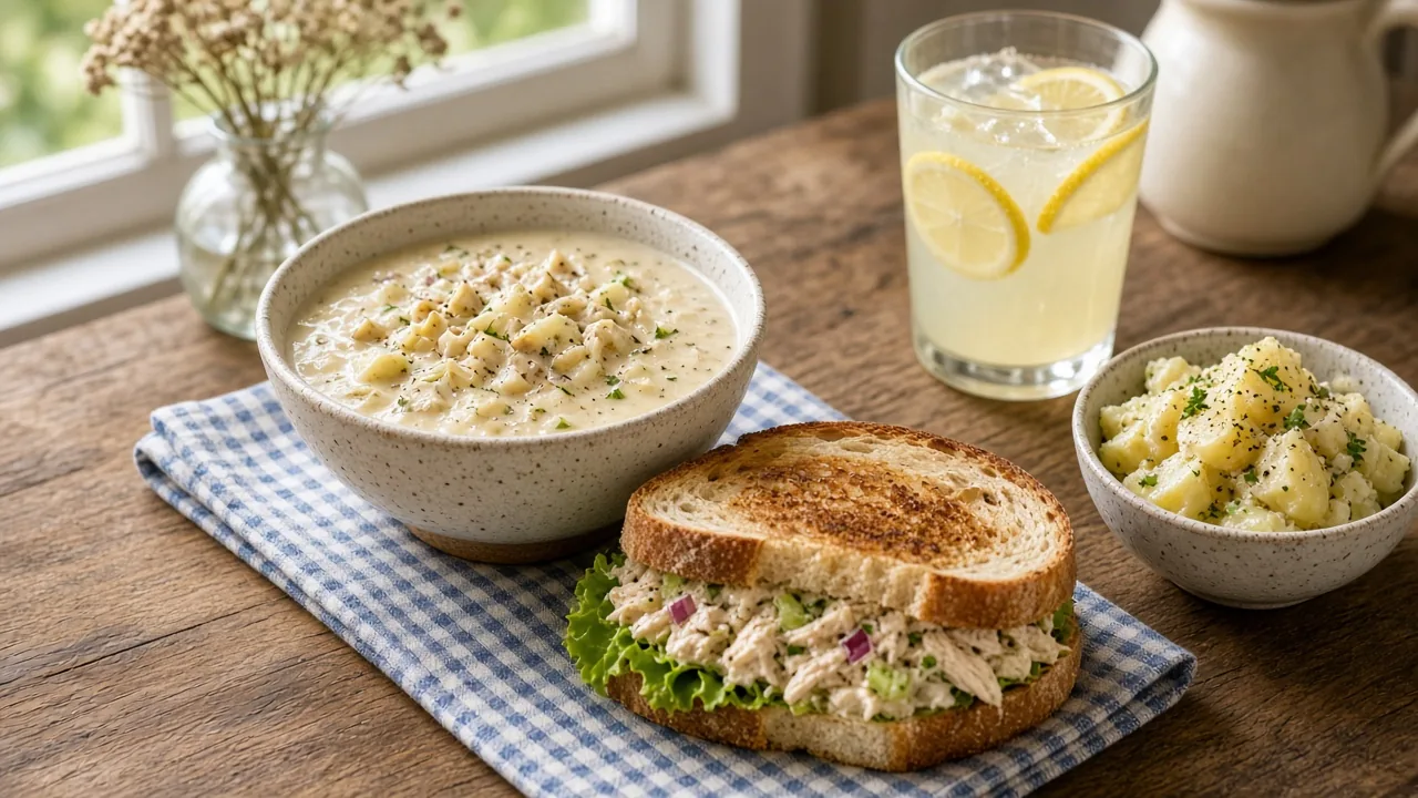 A chicken salad sandwich on toasted sourdough, a bowl of clam chowder, potato salad and a glass of lemonade on a farmhouse table with a gingham napkin